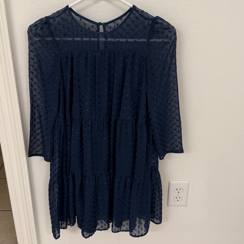 Girls Navy Sheer shimmery Polka Dot fall/winter Dress